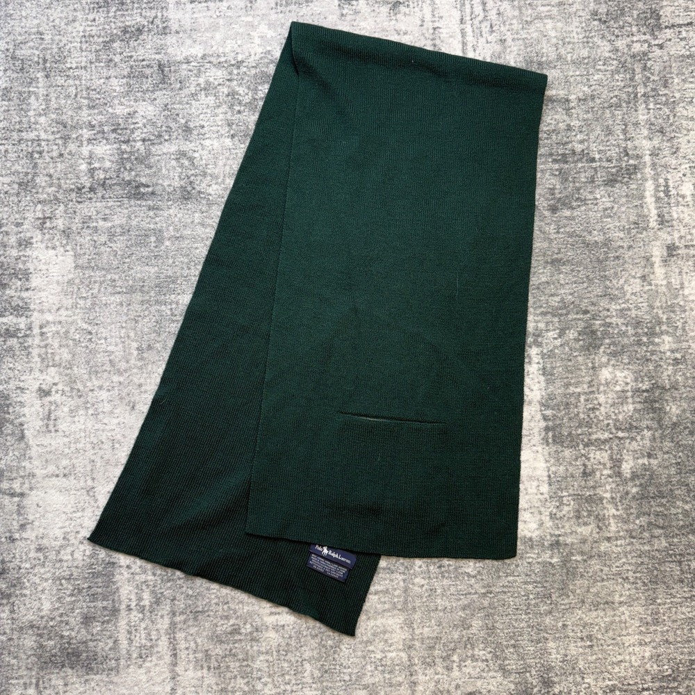 VTG Polo Ralph Lauren Scarf Forest Green Knit Merino Wool Neck Pocket Layering